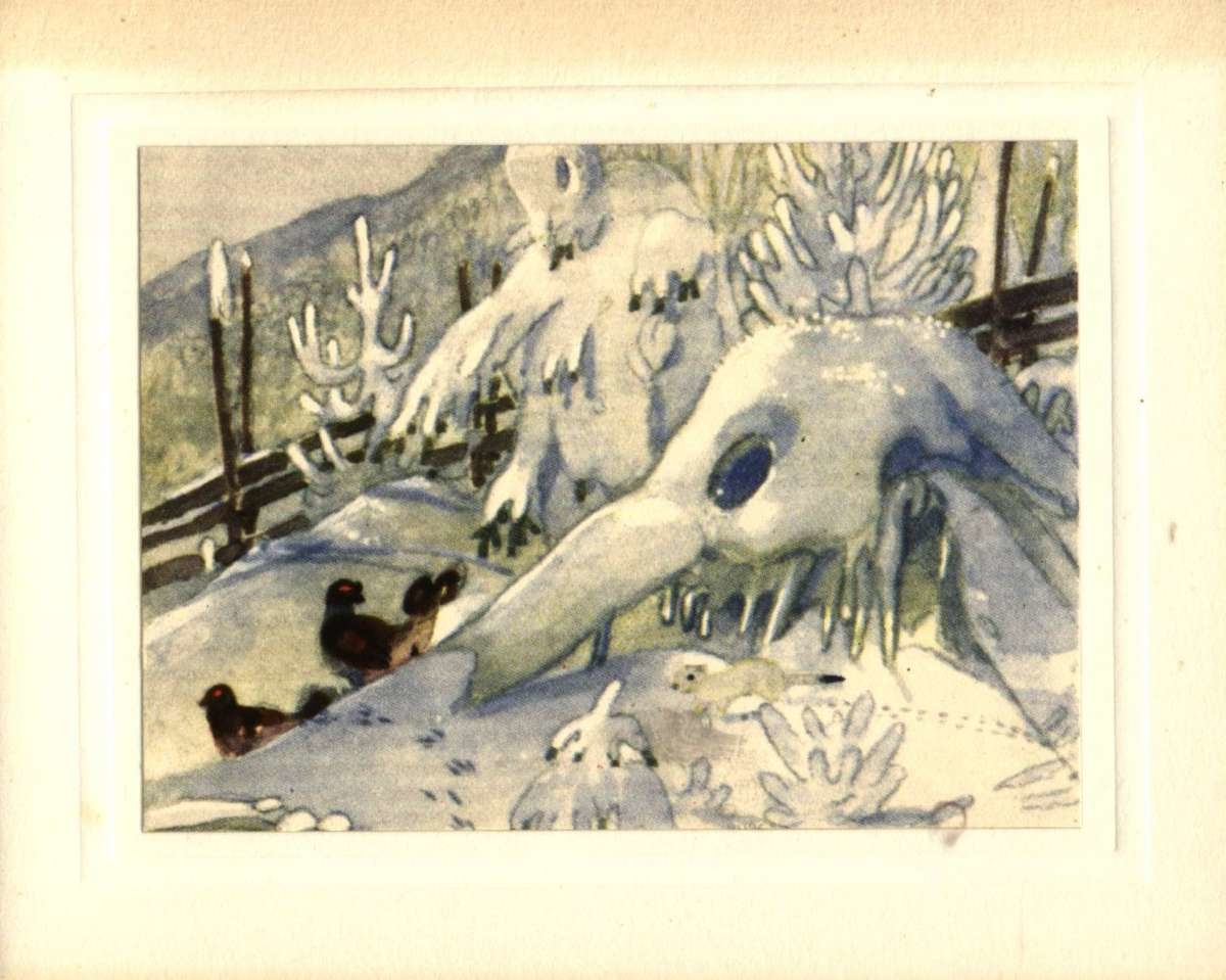 Postkort. Jule- og nyttårshilsen.  Vinterlandskap med fugler og røyskatt. Firmakort fra Brødrene Bell 1957. Etter akvarell av Trygve M. Davidsen. Udatert.