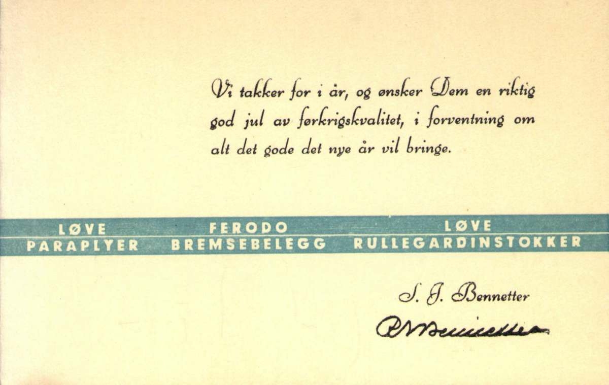 Julekort. Jule- og nyttårshilsen. Vintermotiv. Et skoglandskap med fugler i forgrunnen. Laget for S. J. Bennetter. Illustrert av Trygve M. Davidsen (1895-1978).