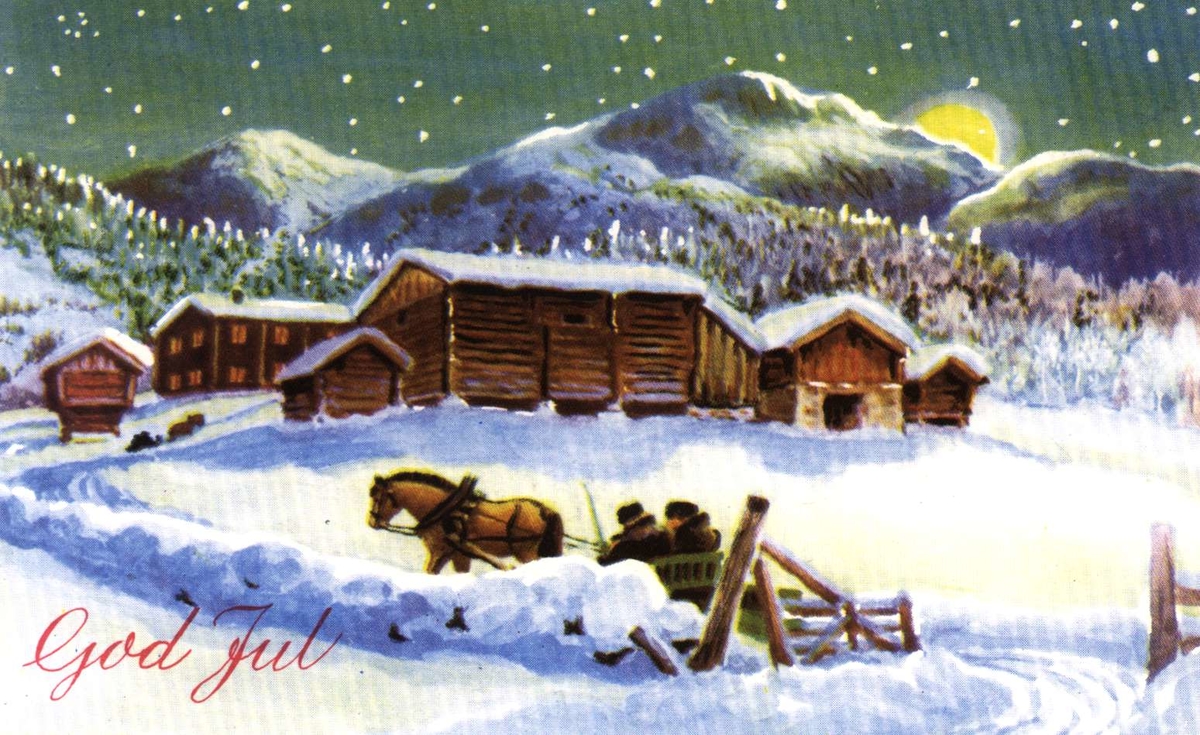 Julekort. Ubrukt. Vintermotiv. Landskap. Fjellgård med tømmerhus. Hester med sleder. 