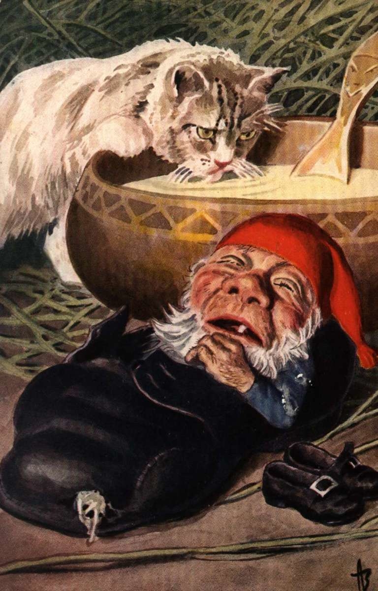 Julekort. Jule- og nyttårshilsen. Sovende nisse i en sko. En katt smaker på julegrøten. Illustrert av Andreas Bloch. Stemplet 22.12.1923.