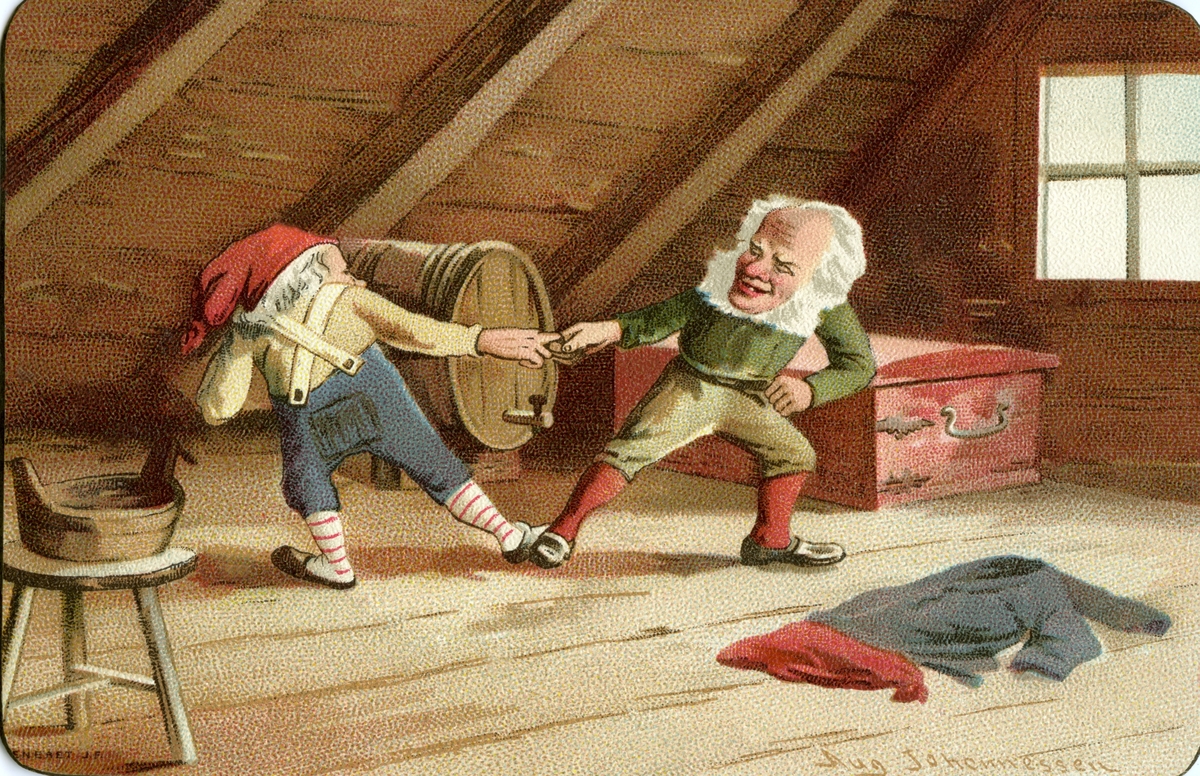 Julekort. Jule- og nyttårshilsen. To nisser i kappestrid på loft. 
Øltønne og kiste i bakgrunnen.  Illustrert av August Johannessen. Kartongkort.