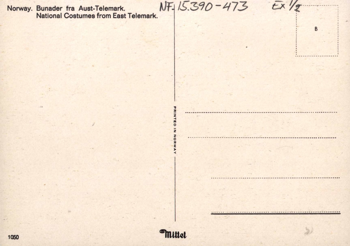 Postkort.  Kvinne- og mannsdrakt fra Aust-Telemark. Utstilling NF.