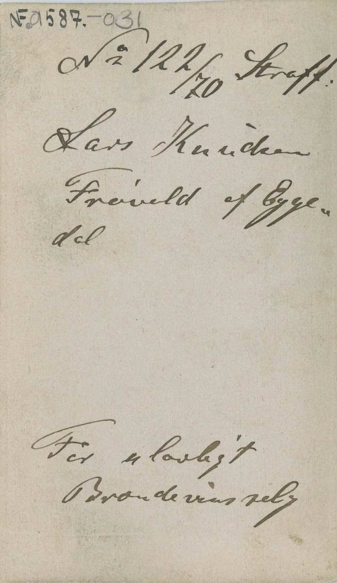 Fangeportrett. Lars Knudsen Frøvold, fra Eggedal. Arrestert i 1870, innsatt i distriktsfengslet i Hokksund for ulovlig brennevinssalg.