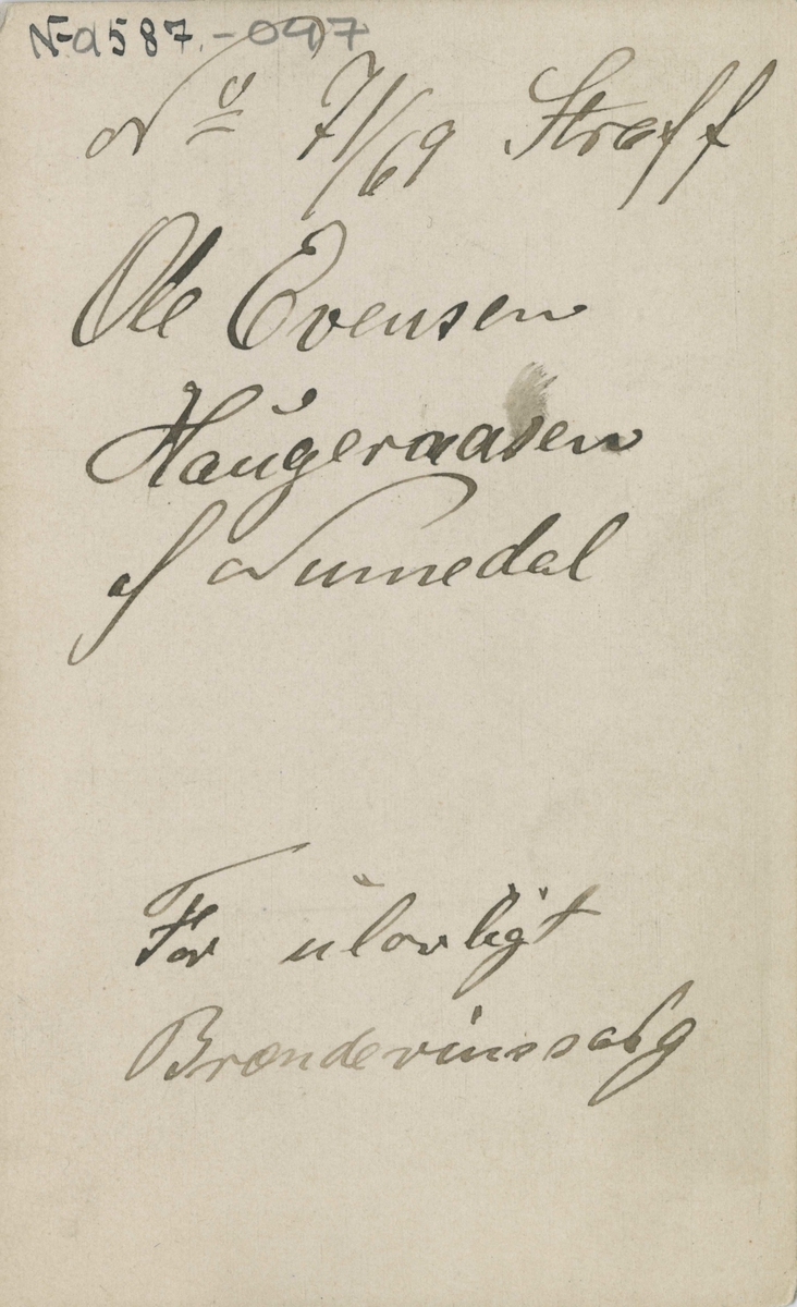 Fangeportrett. Ole Evensen Haugeraasen, Numedal, arrestert i 1869, innsatt i distriktsfengslet i Hokksund for ulovlig brennevinssalg.