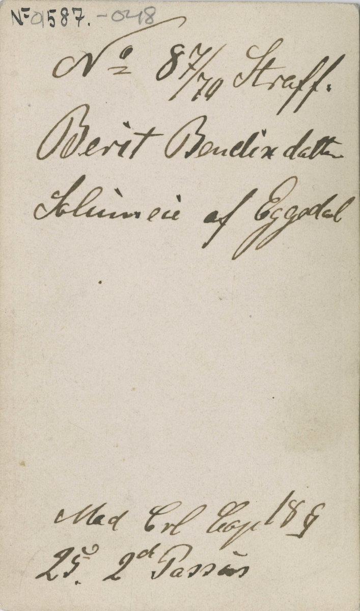 Fangeportrett. Berit Bendixdatter Solumeie, født 1836, bosatt i Sigdal, arrestert i 1870, innsatt i distriktsfengslet i Hokksund for å ha fått 3 barn utenom ekteskap.