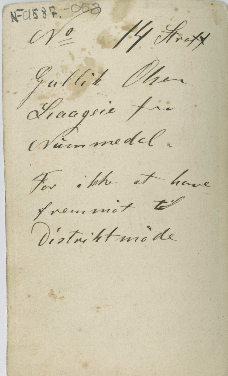 Fangeportrett. Gullik Olsen Liaageie, Numedal, arrestert i 1866 eller 1867, innsatt i distriktsfengslet i Hokksund for ikke å ha fremmøtt til distriktsmøte.