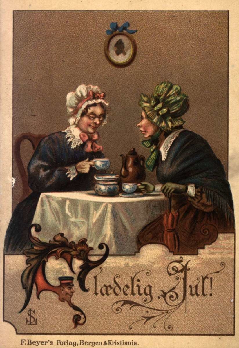 Julekort. Ubrukt. To kysekledde kvinner sitter ved et bord og drikker kaffe. Illustrert av Vincent Stoltenberg Lerche (1837-1892).