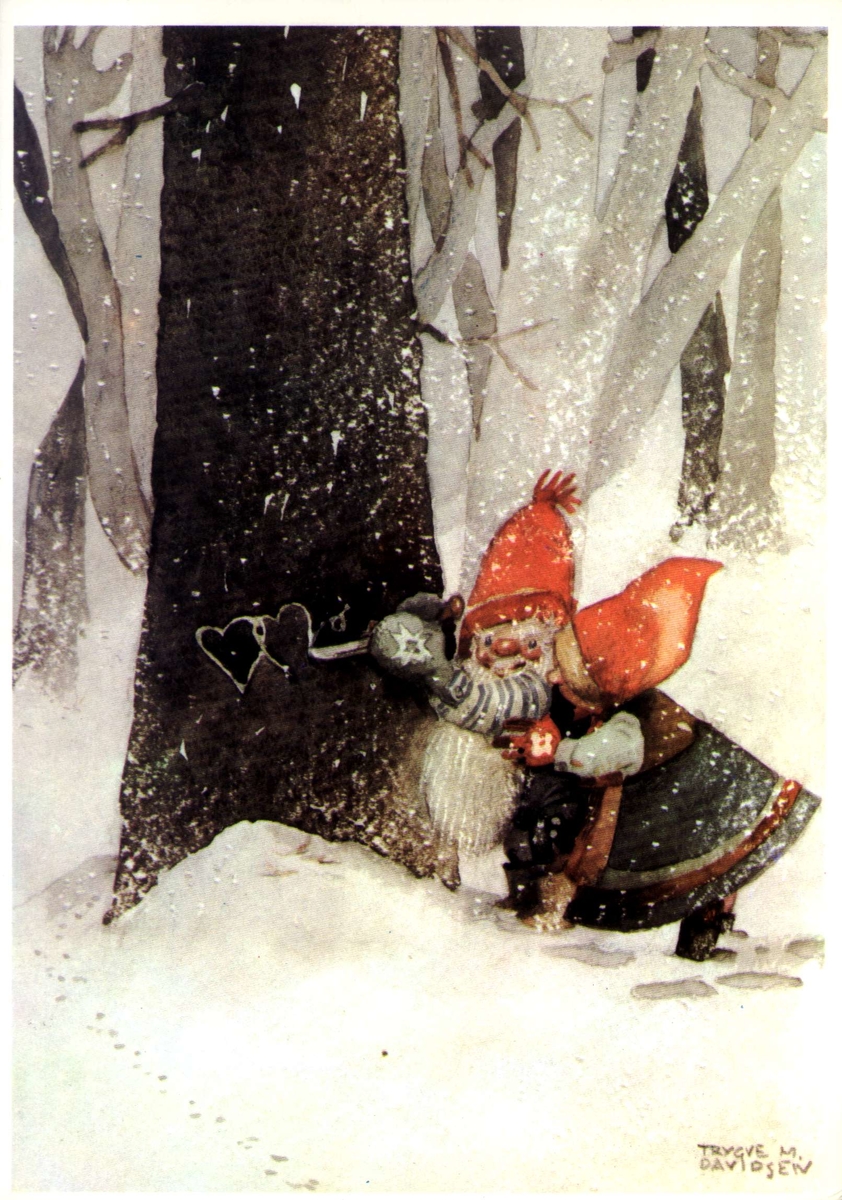 Julekort. Julehilsen. Vintermotiv.  Fru og herr julenisse risser to hjerter inn i et tre. Illustrert av Trygve M. Davidsen. Datert julen 1978.
