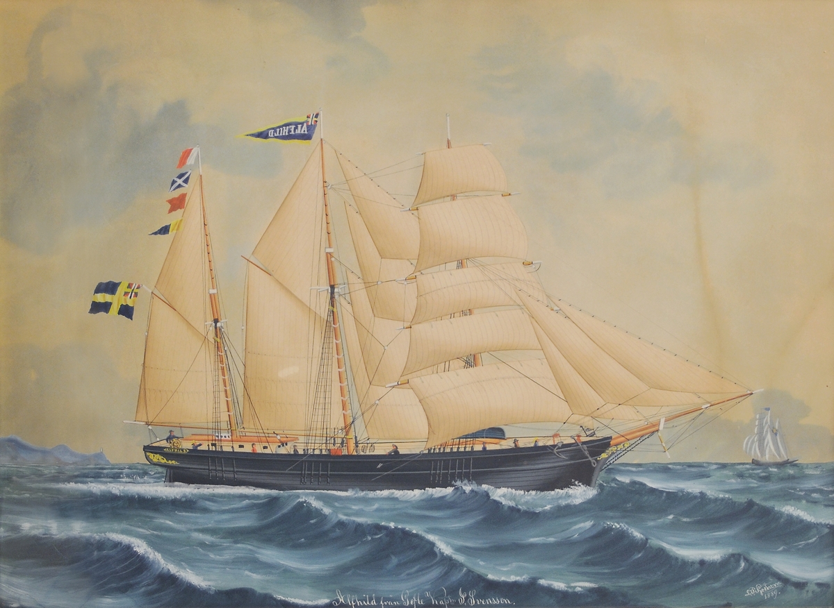 Tavla med träram, guldförgylld och rikt ornamenterad. Gouache på kartongpannå. Skonaren stävar i lätt motvind med styrbordssidan mot åskådaren. Satta segel, ljusbruna med lodräta svarta streck. En flagga i stormasten, fem i mesanmasten, bland annat den svenska flaggan med unionsmärket. Svart skrov, som akterut har gult ornament samt namnet "Alfhild". Förut i bakgrunden, skonare. Akterut landtunga med fyrtorn. Stor fond med genombrutna vita moln. Gåva från Allan och Sally Ohlin, Gävle.