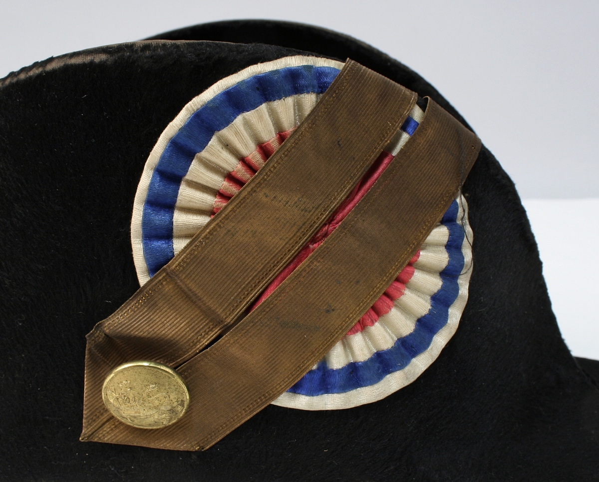 Hatten har nasjonalkokarde, krampe og besetning av possementsarbeid i gull.