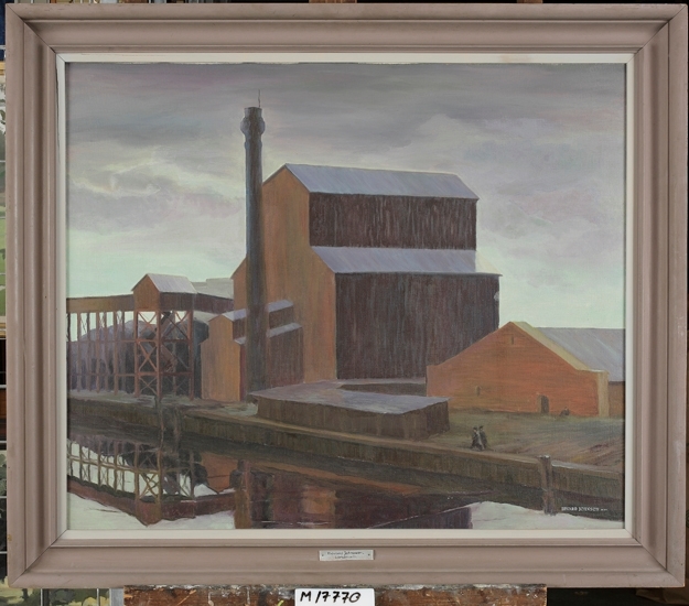 Oljemålning på duk. 
Fabrik vid damm. 

Inskrivet i huvudbok 1963.
Montering/Ram: Gråmålad, profilerad träram med hålkäl och graverad metallplåt.