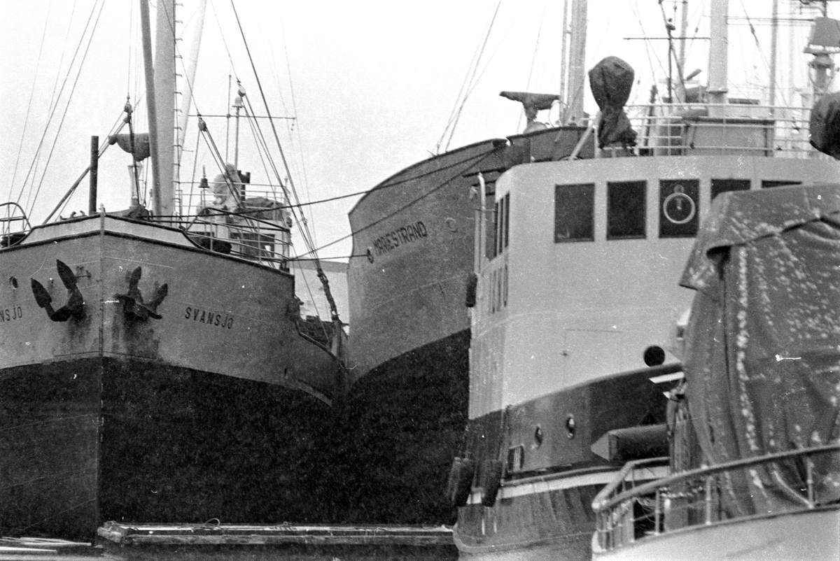 Ekensbergs varv 1970. Från v till h de finska lastfartygen SVANSJÖ (urspr. FINKENWARDER) och MARIESTRAND (urspr. BLÀFELL) samt bogserbåten RENÖ (b. 1918, ursprungligen marinens hjälpfartyg SÖKAREN).