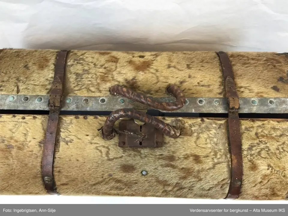 Kofferten er avlang og avrundet med hengslet skilleplate. Kofferten er kantet med lær som er naglet fast. De fleste av naglene er irret. På hver side av håndtakene er det smale lærstropper med spenner. Håndtakene består av tvunnet tau trukket med lær.