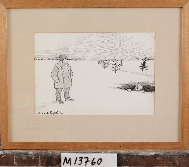 Teckning, tusch och svartkrita.
Teckning ur Strix 1908:26.
Smålandspatron nedfallen i en vak betraktas lugnt av sin bredvidstående arrendator.