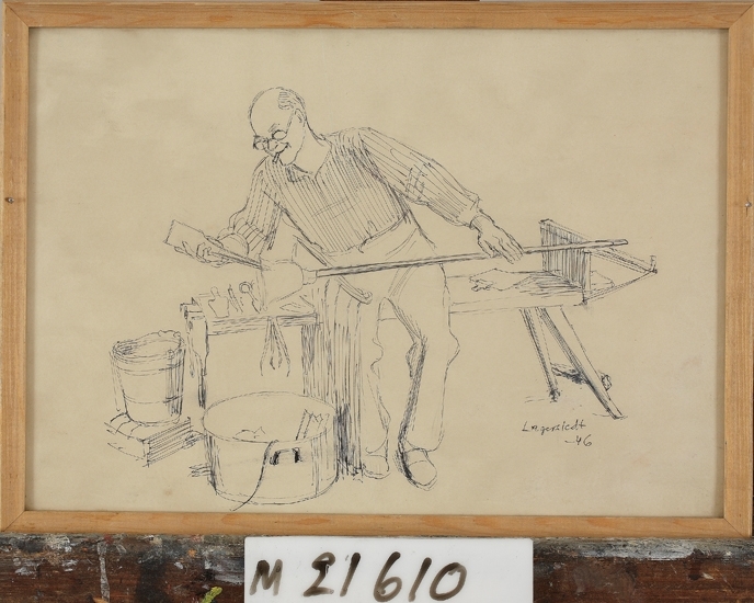 Tuschteckning.
Glasarbetare som formar en skål. Knut Bergkvist*, Strömbergshyttan ?. 
Skiss till oljemålning, M 14372.