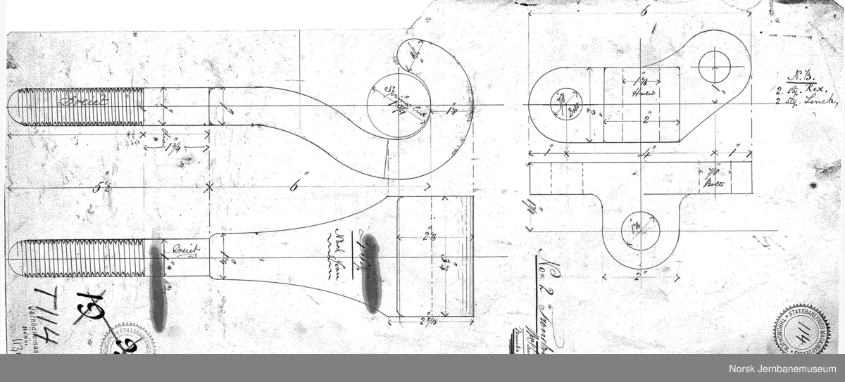 Tegninger av utstyr til lokomotivet "Trønderen":
1130-1 T114 Krok 03.1877
1130-2 T116 Exhaust Cock, for End. 15.10.1872
1130-3 T115 Drivaxler 
1130-4 T117 New Motins Bars of Steen and New Block, 22.12.1877
1130-5 T113 Kjel
1130-6 T119 Forandring af No. 2 Thrønderen, Compensating Balances and Back axle. 26.04.1877