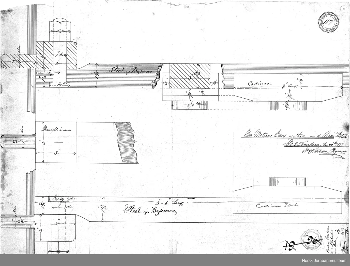 Tegninger av utstyr til lokomotivet "Trønderen":
1130-1 T114 Krok 03.1877
1130-2 T116 Exhaust Cock, for End. 15.10.1872
1130-3 T115 Drivaxler 
1130-4 T117 New Motins Bars of Steen and New Block, 22.12.1877
1130-5 T113 Kjel
1130-6 T119 Forandring af No. 2 Thrønderen, Compensating Balances and Back axle. 26.04.1877