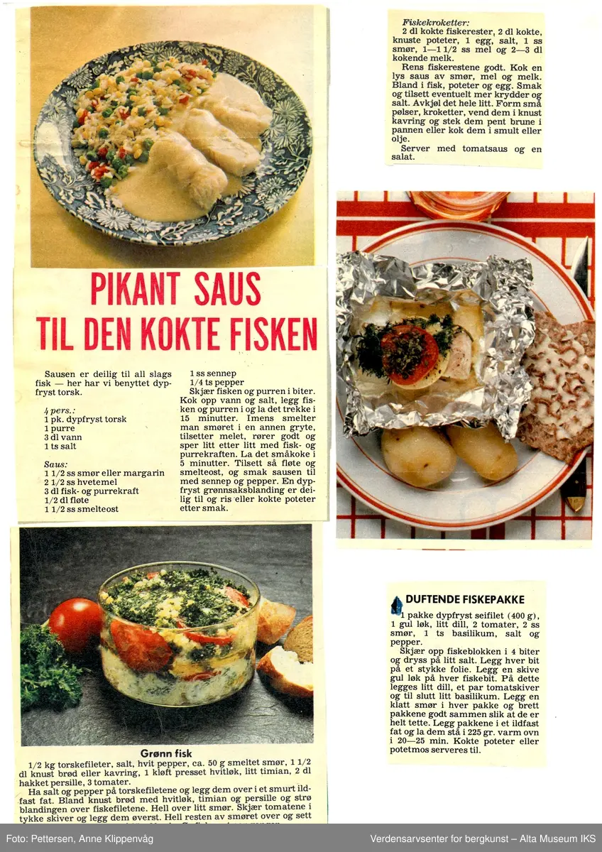 Samling av matoppskrifter klippet fra ukeblad.
Perm med plastlommer. 
Motiv: dampende gryte.