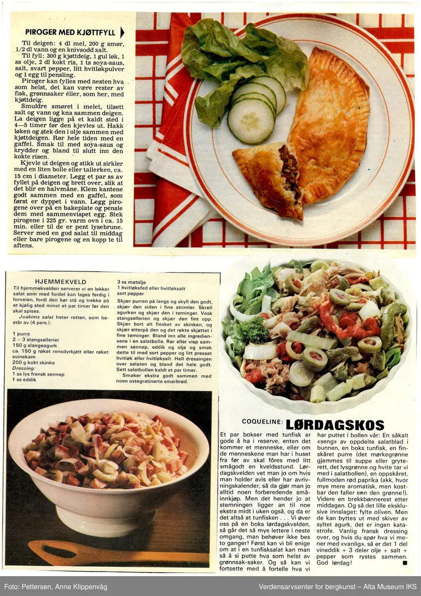 Samling av matoppskrifter klippet fra ukeblad.
Perm med plastlommer. 
Motiv: dampende gryte.