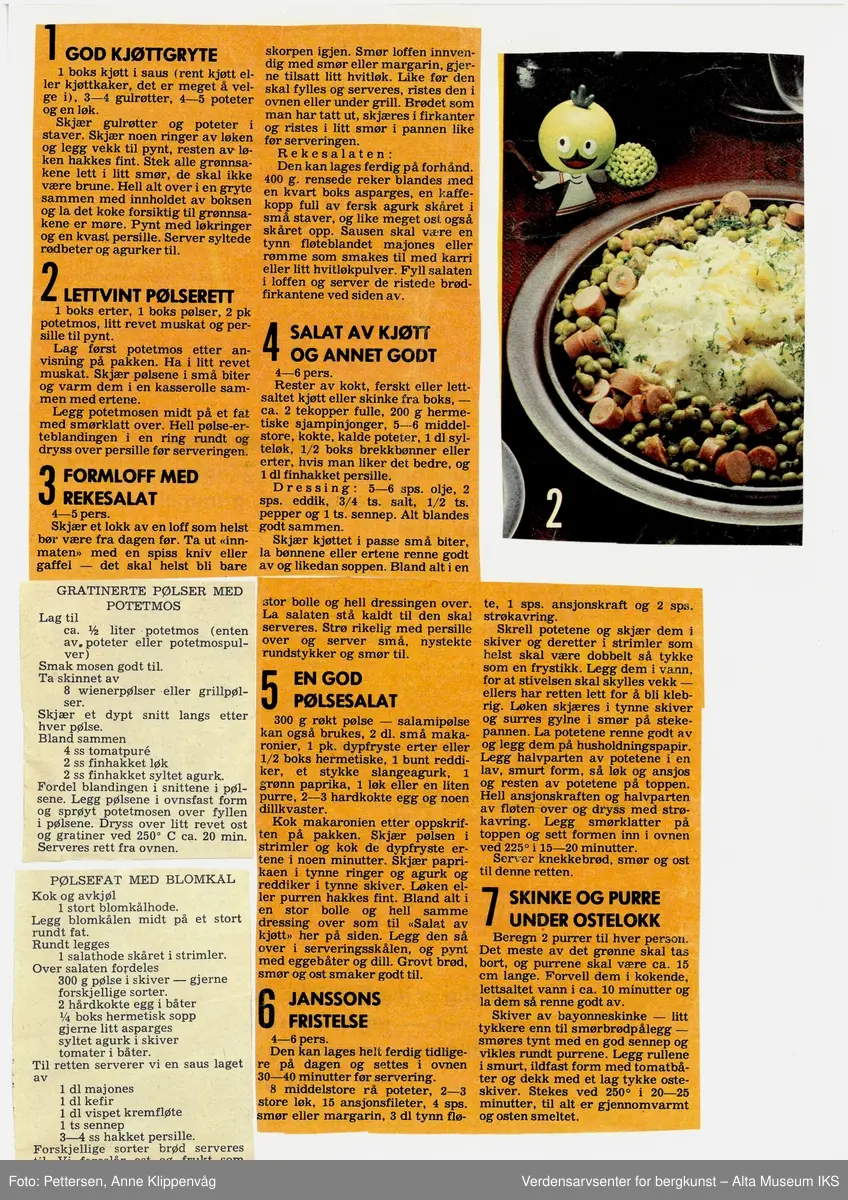Samling av matoppskrifter klippet fra ukeblad.
Perm med plastlommer. 
Motiv: dampende gryte.