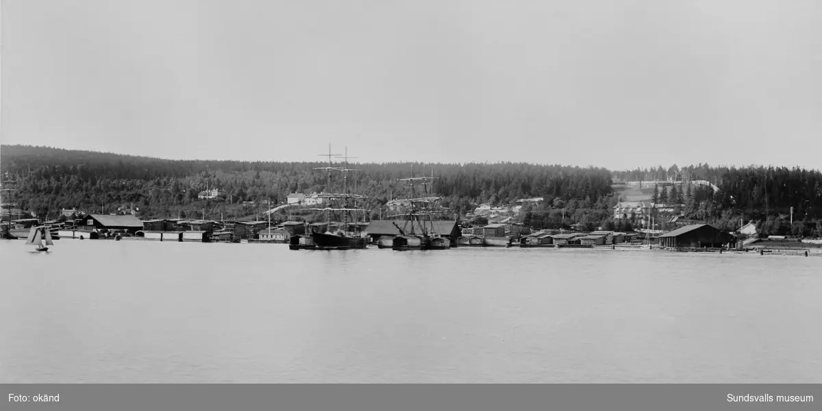 Heffners sågverk med segelskutor i förgrunden. Ovanför brädgården till vänster syns villa Marieberg (träpatron Arhusianders villa). Längst till höger syns Heffnersvillan eller "Bollings villa". Ovanför denna byggnad syns Villa Haga med en hög stenmur och ett två meter högt staket som omger tomten. Huset revs 1918 och ersattes av Villa Wallerstedt på samma tomt.