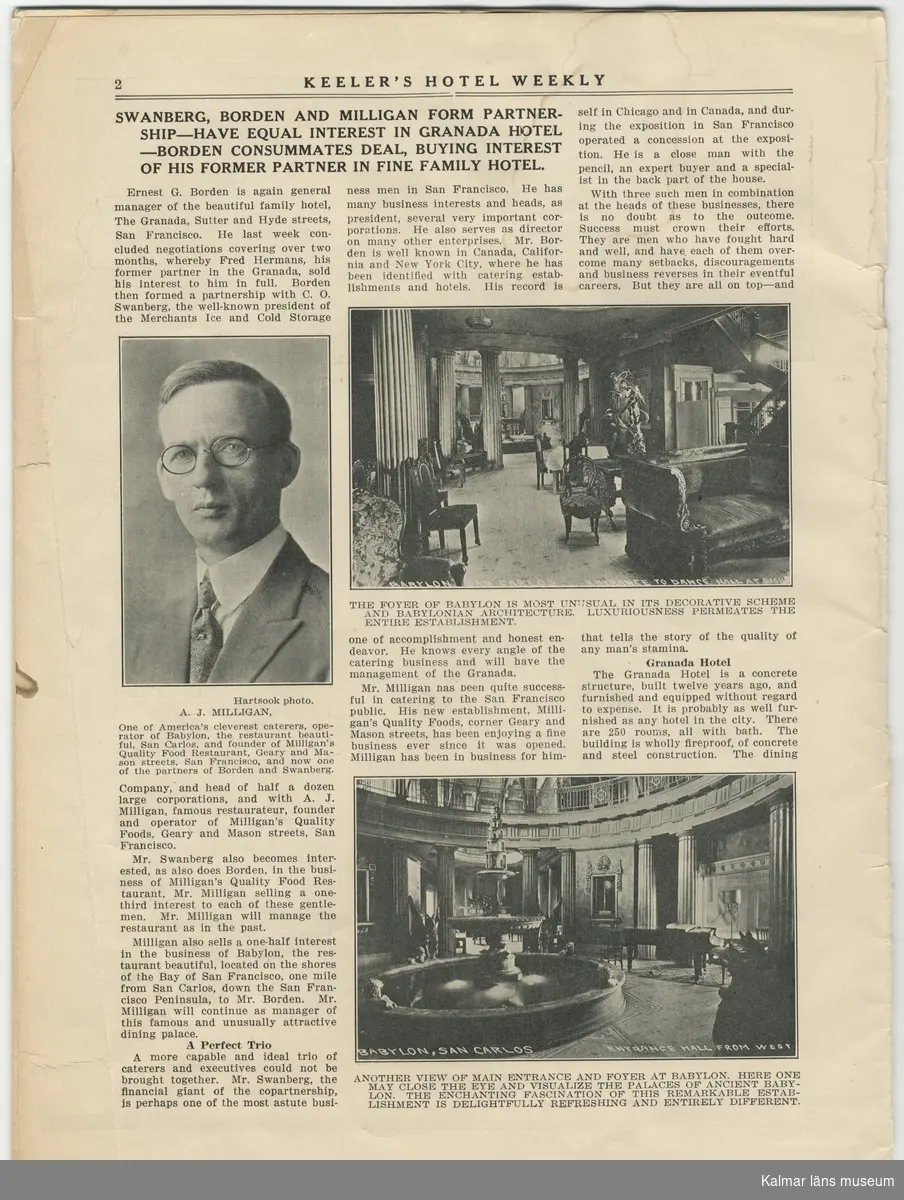 KLM45787:7:1-8  Arkivalier. :1 tidningsartikel om C O Svanberg i Kristianstadsbladet 19 juni 1954. :2 tidningsartikel på engelska i tidningen Keeler´s Hotel Weekly 7 oktober 1922. :3 biografiskt manuskript om C O Svanberg skrivet av dotterdottern Alva Holmquist-Nissen i februari 1963 med hjälp av skriftliga källor och modern Louisas minnen. : 4 ett par kopierade sidor ur okänd bok som handlar om C O Svanberg. : 5 vykort föreställande Hilda af Kalmar som C O Svanbergs far C F Svanberg var kapten för. Kortet är skickat till Fru Olle Holmquist 1979. :6 tidningsartikel om 91 åringen CO Svanberg. :7 nekrolog för Carl Olof Svanberg. :8 artikel ur Barometern 9/2 1981 om Skansen i Kalmar med kopplingar till Olle Holmquist, Svartingstorp och C O Svanberg.