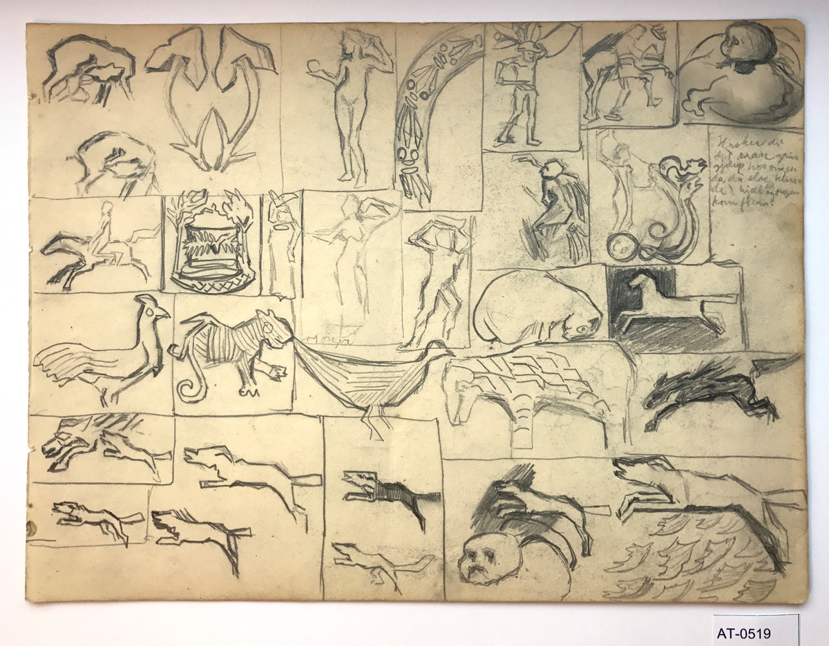 23 stiliserte studier av dyr, folk og planter [Tegning]