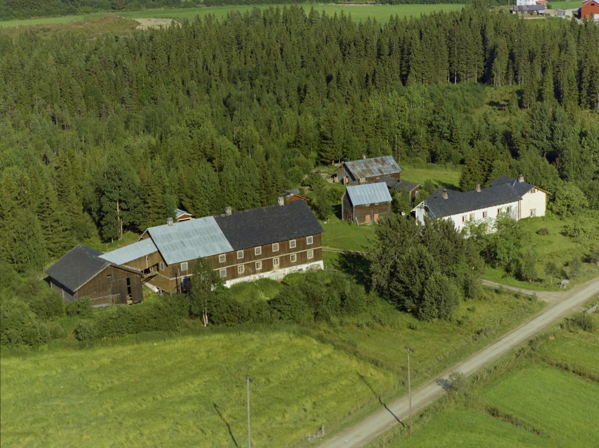 Gård. Woldslien (Majorslia) Østre Gausdal. Stor, dominerende, brunlig driftbygning, stort toetasjes våningshus, mindre hvitt våningshus, to brune uthus, pluss tre andre bygninger. Dyrket mark og vei i forgrunnen, skog i bakkant.