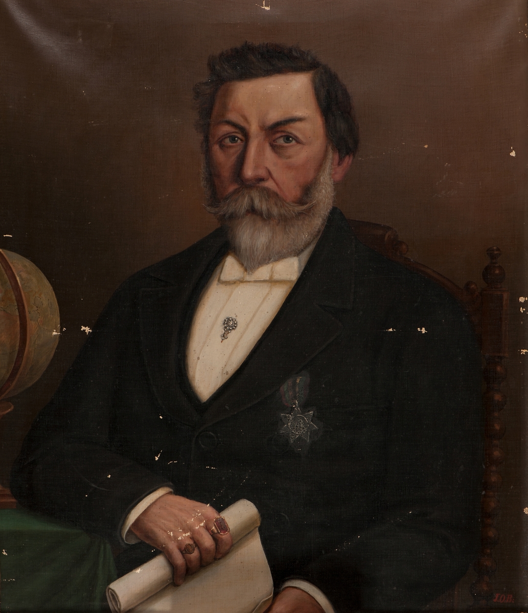 Porträtt, Sjökapten Carl Jacob Åström. Midjebild, enface. Högra armbågen stöder på ett bord med grön duk, i högra handen en pappersrulle. Håret svartbrunt med snedbena.