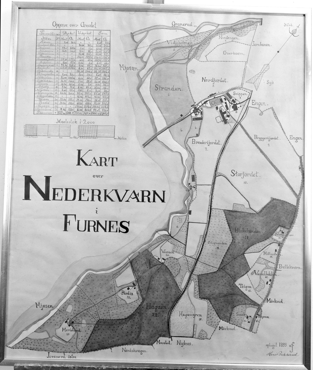 Ringsaker, Brumunddal, Furnes, Gardskart, Nederkvern gård, Tegnet av Hans Bakkerud i 1899.