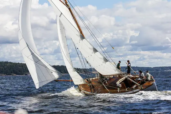 Skøyta S/Y Venus i vannet, tre seil, fire personer ombord. I bakgrunnen utsikt til skog.
