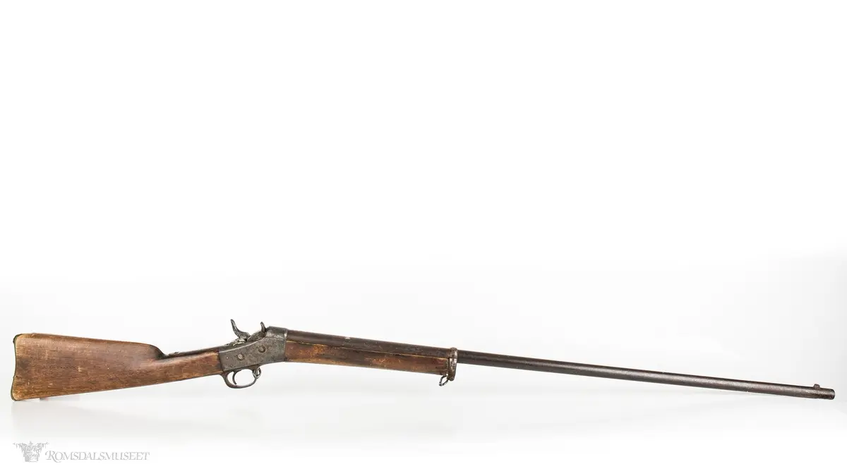 En Kongsberg M/1867 rolling block som har blitt modifisert for sivilt brukt etter utfasing fra Forsvaret. Stokken er endret ved at forskjeftet er fjernet. Baksiktet er også fjernet. Det kan også se ut som det er frest inn et svalehalespor i bakkant som kan tyde på at det kan ha hatt et enklere baksikte på et tidspunkt. Det var vanlig å modifisere disse riflene til andre kaliber, for eksempel for finkalibrede haglepatroner ved at man boret opp løpet.