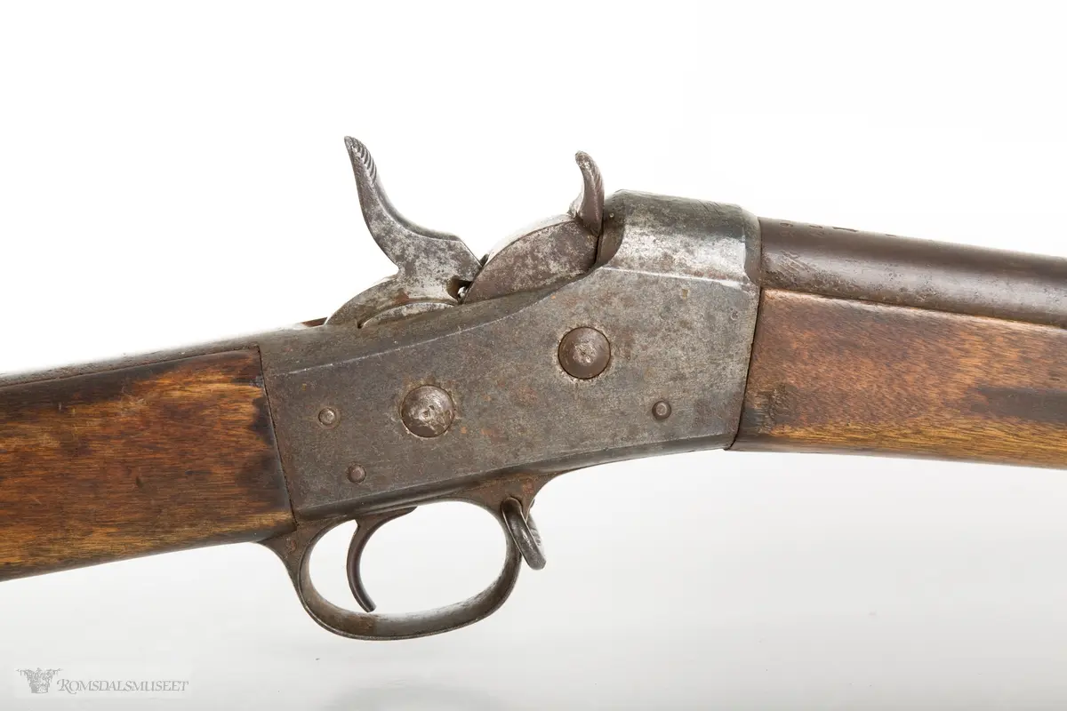 En Kongsberg M/1867 rolling block som har blitt modifisert for sivilt brukt etter utfasing fra Forsvaret. Stokken er endret ved at forskjeftet er fjernet. Baksiktet er også fjernet. Det kan også se ut som det er frest inn et svalehalespor i bakkant som kan tyde på at det kan ha hatt et enklere baksikte på et tidspunkt. Det var vanlig å modifisere disse riflene til andre kaliber, for eksempel for finkalibrede haglepatroner ved at man boret opp løpet.