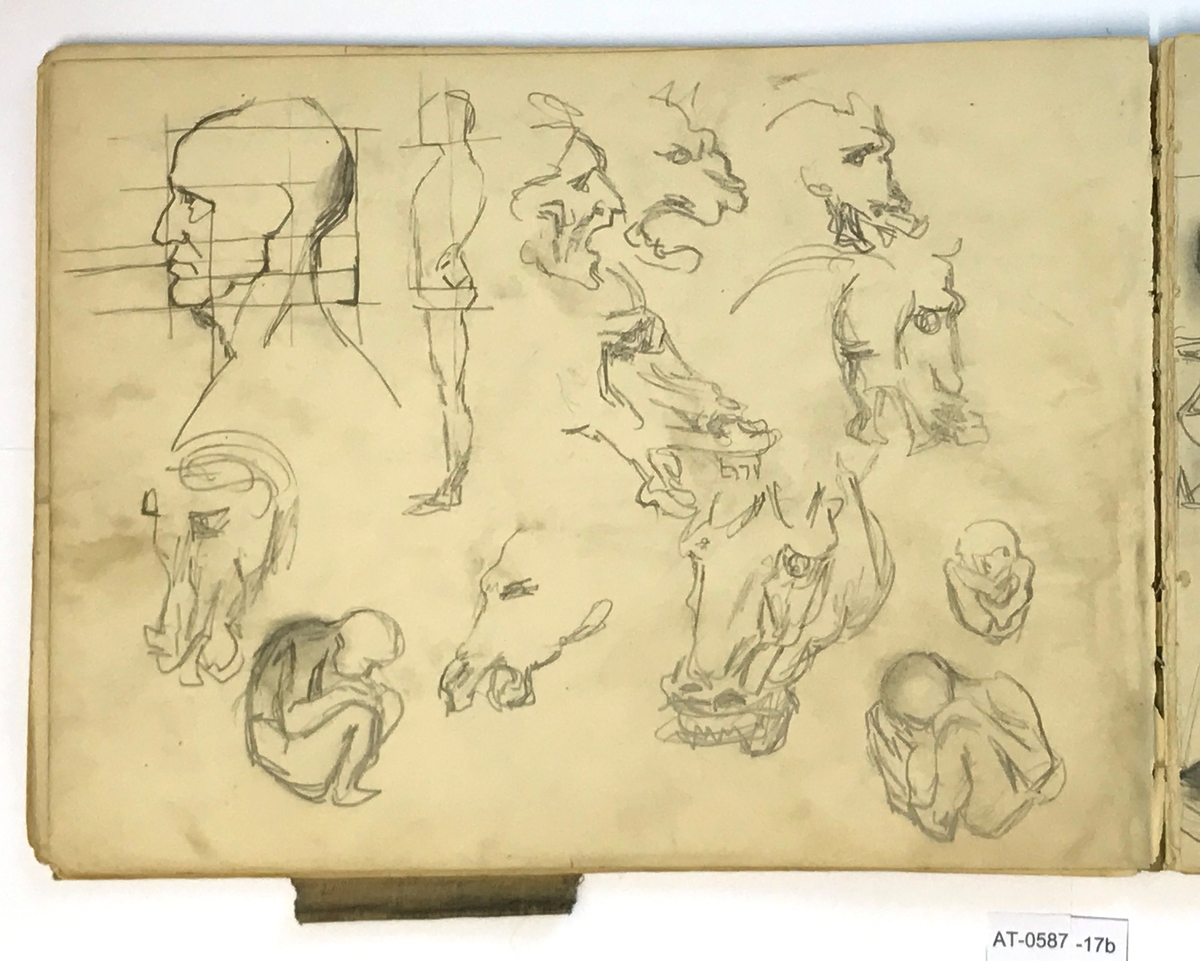 Anatomiske studier av armar, bein og rygg og skisse til foster [Tegning]