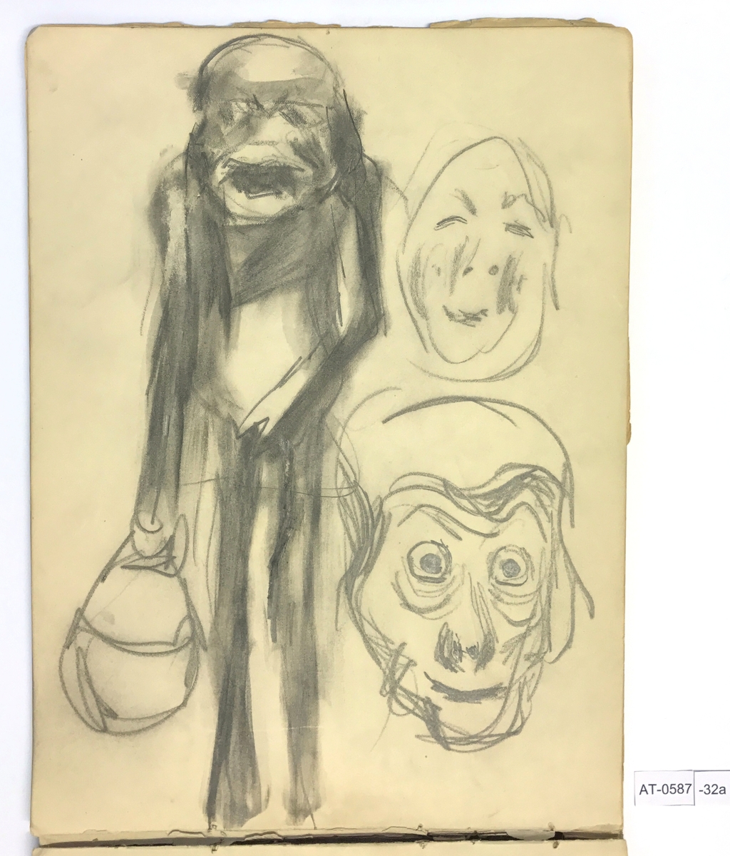 Studie av ein person i heilfigur og to andlet [Tegning]