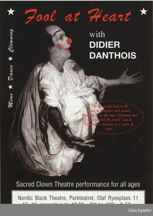 Plakat for forestillingen Fool at heart...Oslo byarkiv har ikke rettigheter til denne plakaten. Ved bruk/bestilling ta kontakt med Nordic Black Theatre (post@nordicblacktheatre.no)