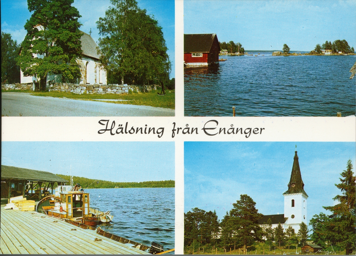 Enånger, Hälsingland. Vykort med en "Hälsning från Enånger"