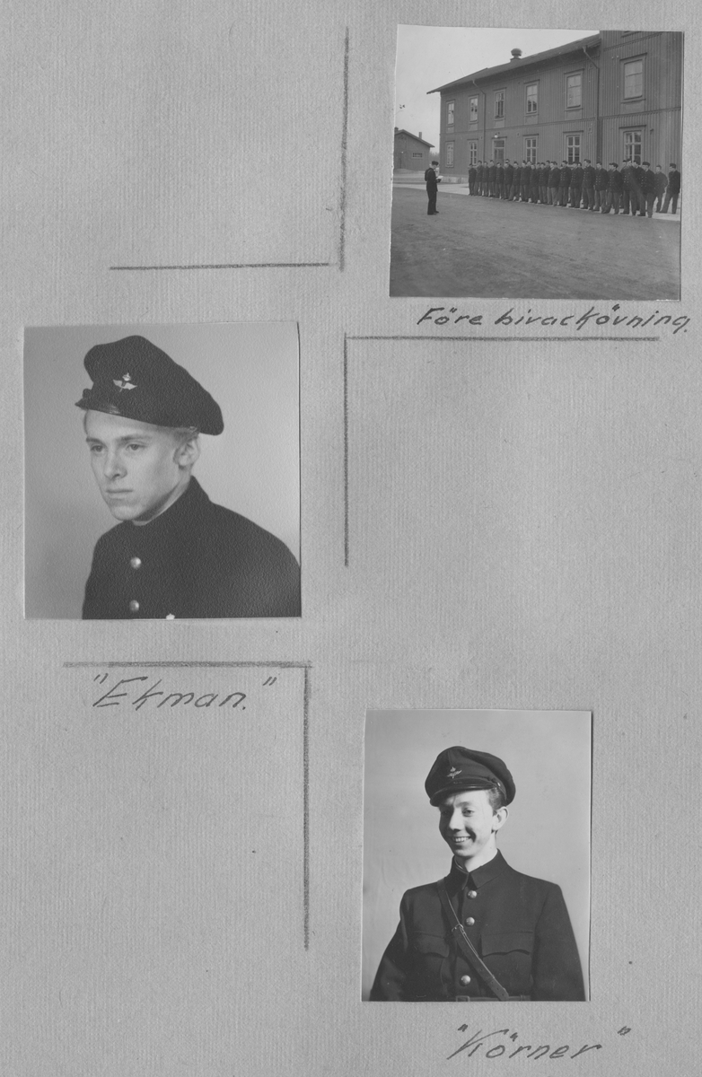 Fotoalbum från värnplikt på F 6 Västgöta flygflottilj under 1940-talet.

14 stycken albumsidor med 36 svartvita fotografier med motiv av flygplan, personal, värnpliktiga, umgänge på logemente och muckarkam.