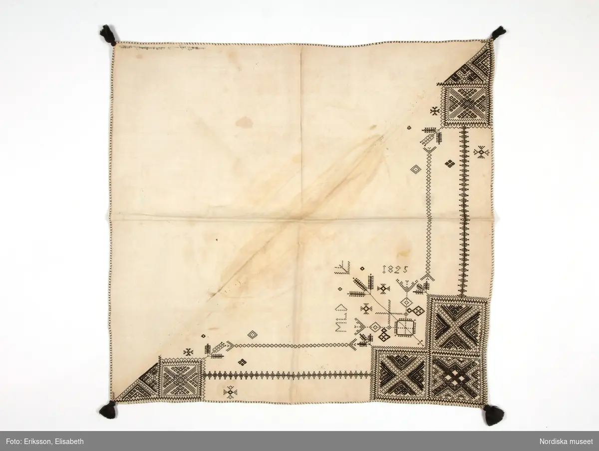 Huvudliggaren:
" 2 'tuppasklän' fr. Leksands sn. Nedan Siljans fgd Dalarna.
   a. Märkt: 'MLD 1825'
   b.    "    : '1814' "

Bilaga:
Finns ej.

Katalogkort:
b: "Halskläde
Af hvitt linne med svart silkesbroderi. 1814.
'Tuppasklä'
Fyrkantig duk afsedd att bäras i tresnibb, hvarför en hälften saknar broderi. Fållad rundt om och alla fållarna öfversydda med svart silke i kors. I hvarje snibb en tofs af svart silke. Storlek. 51 x 52 cm. Ink. af handlanden K. Davidsson i Stockholm 2/5 1889."

a: Halskläde av tuskaftat fint linne. Kvadratisk form, avsett att vikas i tresnibb, broderad i tre hörn i  svartstick. Broderierna är utförda i svart silke. Mönstren är geometriska men oregelbundna. Bård av rombiska former i förstygn  med tofssöm mellan huvud- och hörnmotiv. Sömsätten i broderierna är  rätlinjig plattsöm, förstygn, efterstygn, korssöm och tofssöm. Svarta silkestofsar i alla hörn. Broderad märkning i korssöm: "MLD 1825" vid huvudmotivet. I det ovikta hörnet är huvudmotivet placerat, detta upprepas sedan halverat på båda snibbarna. Fållen översydd med kastsöm i kryss i svart silke runtom. Den del som inte var synlig utåt är odekorerad.
Anm: Gulnat. Fläckigt.

b: Halskläde av tuskaftat fint linne. Kvadratisk form, avsett att vikas i tresnibb, broderad i tre hörn i  svartstick. Broderierna är utförda i svart silke. Mönstren är geometriska men oregelbundna. Bård av rombiska former i förstygn  med tofssöm mellan huvud- och hörnmotiv. Sömsätten i broderierna är  rätlinjig plattsöm, förstygn, efterstygn, korssöm och  tofssöm. Svarta silkestofsar i alla hörn. Broderad märkning i korssöm: "1814" vid huvudmotivet. I det ovikta hörnet är huvudmotivet placerat, detta upprepas sedan halverat på båda snibbarna. Fållen översydd med kastsöm i kryss i svart silke runtom, delvis nött. Den del som inte var synlig utåt är odekorerad.
Anm: Gulnat i mittvikningen.

Svartstick är ett broderi som förekommer i några socknar runt södra Siljan i Dalarna. Det broderas som dekor på vita halskläden till folkdräkten. Halsklädet bars till högtidsdräkten - kyrkdräkten, och användes i högmässan vid de stora helgerna och bröllop.

Utdrag ur Odstedt Ella, (1953), Övre Dalarnas bondekultur under 1800-talets förra hälft. 4.Folkdräkter i övre Dalarna. Sid 9:" Toppa (=tofs o.d.) är formen för det i dialekterna allmänna 'tuppa'. I ordet topphalskläde får man således känna igen dialektens 'tuppassklä', alltså 'halskläde med tofsar i hörnen'. " Sid 305: "Topphalsklädet (svartstickklädet) var det förnämsta och användes vid de största högtiderna, då man gick tröjlös och då gul raskmagd ej bars, samt därjämte på bröllop och vid kyrkotagning efter första barnet, då det bars av både modern och hennes följeslagerska, allt den tid man var tröjlös.". Sid 497: "Småkullorna hade samma halskläde som de vuxna t.o.m. i ett mindre format det silkesstickade topphalsklädet, om sådant hörde till dagen."
Lästips: Maria Björkroth.  (1982).  "Svartstick". Textil tradition, s. 105-121. 
/Inga-Lill Eliasson 2007-02-14