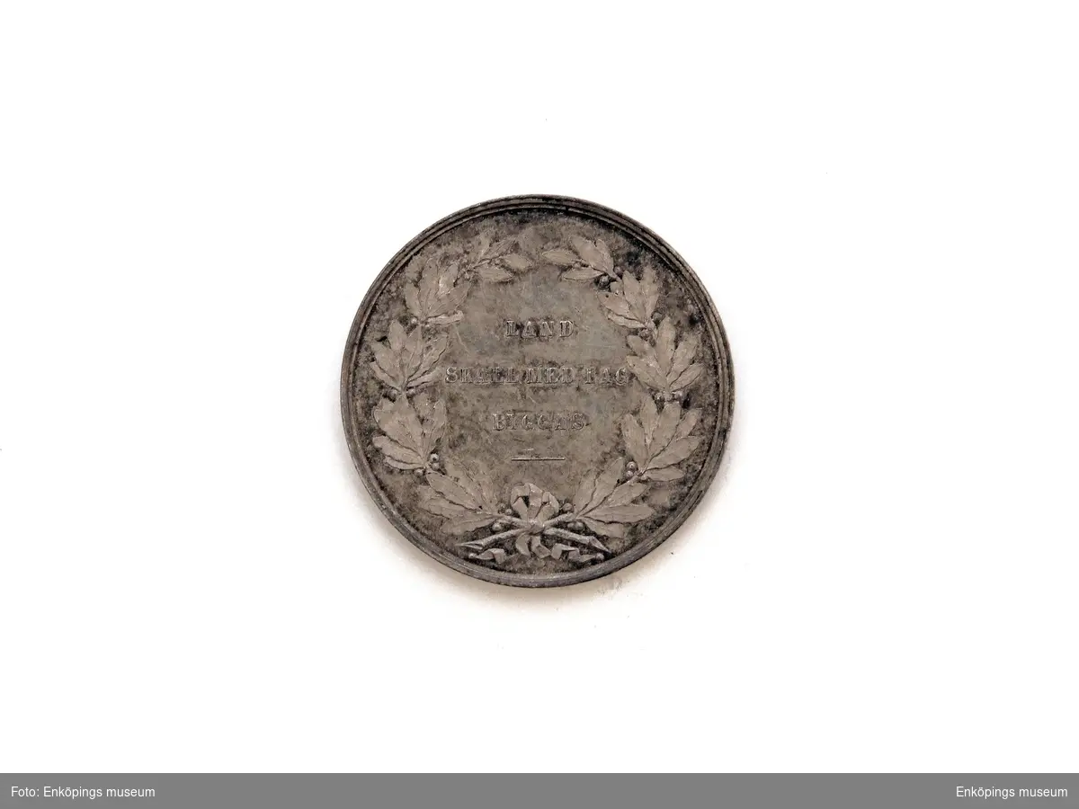 Minnesmedalj utgiven i samband med Karl XV:s kröning, av silver. Åtsidan avbildar konungen i högerprofil med text runtom: " CARL XV SVERIGES NORR. G. O. V. KONUNG KRÖNT ÅR 1860". samt gravörens namn, Lea Ahlbom. Frånsidan med eklövskrans och inskriften, " LAND SKALL MED LAG BYGGAS".