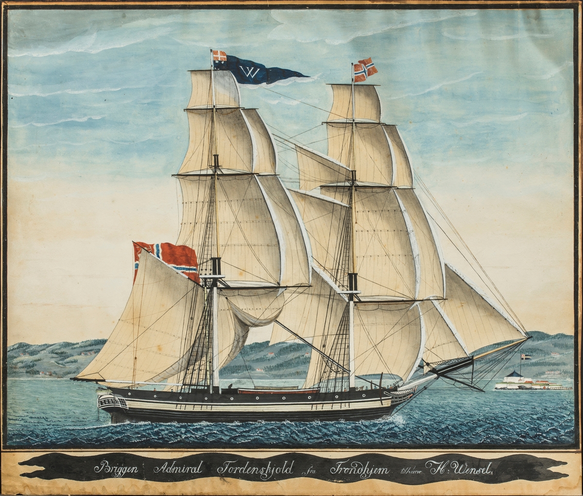 Brigg Admiral Tordenskjold" av Trondhjem for fulle seil ved Munkholmen.