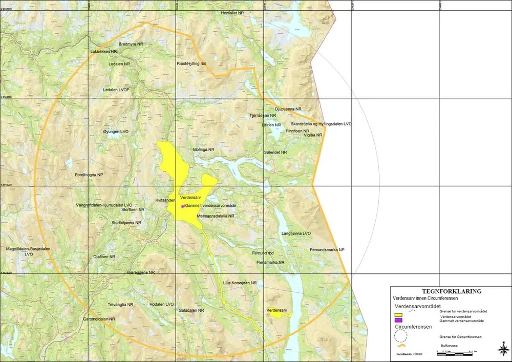 Kart med fargede markering på verdensarvområdet og opptegning av circumferensen som buffersone