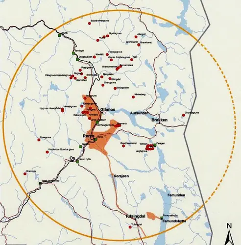 kart over circumferensen med merking av gruvene, smelthytter, verdensarvområdene og buffersonen