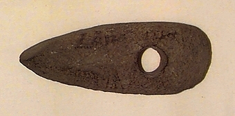 Skafthålsyxa av bergart. Av grovkornig, ådrig bergart. Ett klumpigt, oslipat exemplar.