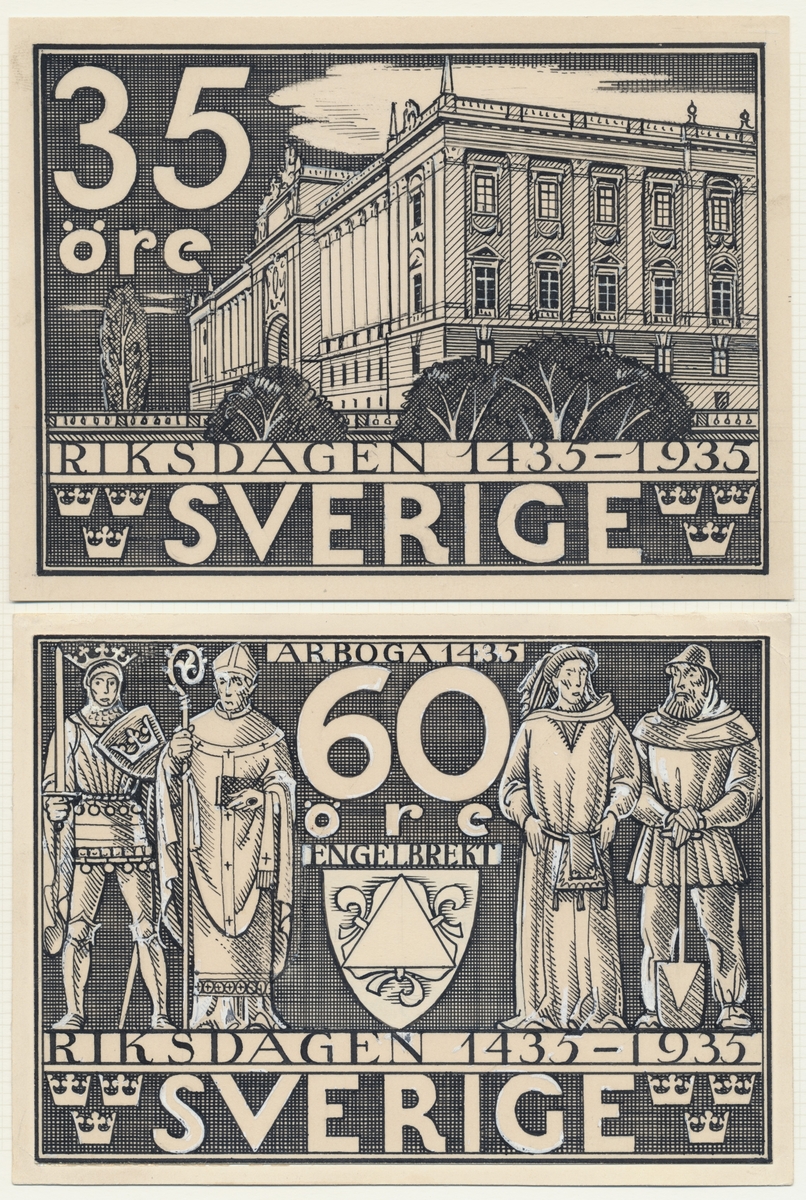 Förlagor från år 1935 som verkar som underlag till frimärket Riksdagen 500 år.