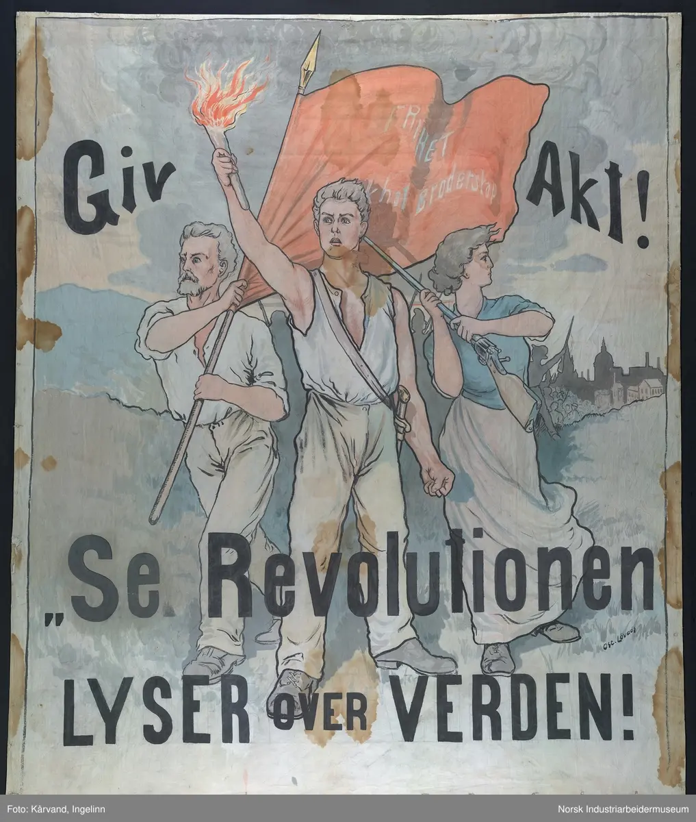 Revolusjonen på frammarsj: massene i bakgrunnen, flagg, fakkel, gevær, en kvinne og to menn leder an. Flerfarget, men falmet.
