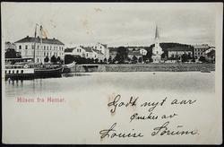 Postkort, Hamar Brygge, Mjøsa, Stortorget. "Hilsen fra Hamar