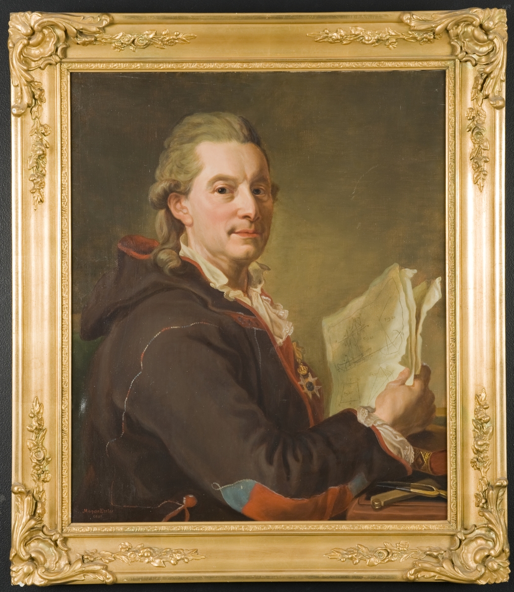 Kopia efter Lorentz Pasch d.y. 1778, originalet tillhör Nationalmuseum, hänger på Gripsholm.
Midjebild halv enface, höger sida. Lockigt gråsprängt hår. I högra handen tre papper med fartygsritningar. Mörkbrun rock med rödblå garneringar.
Duk i kilram, förgylld ram.