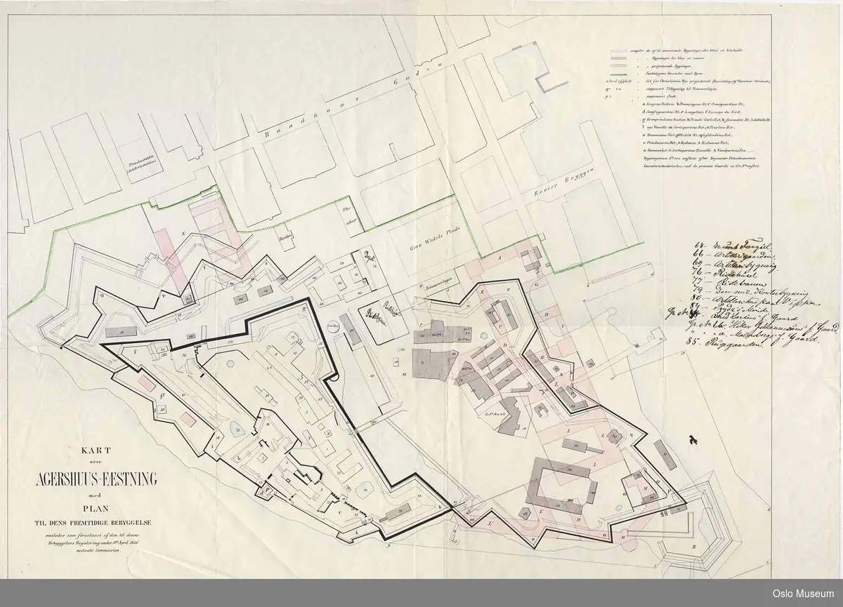 Øvre Voldgate - Fiskebryggen - Hornverket - Prinsessens bastion. Grønt: Festningens grense mot byen. Rødt: Planlagte nybygninger. Grått: Bygninger som skal rives. Blått: vann.