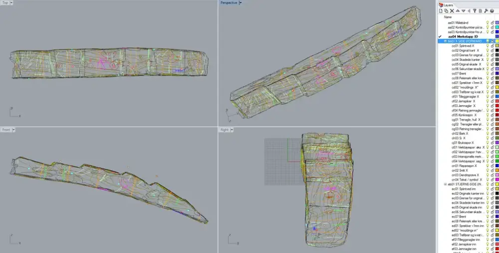 Skjermdump fra Rhino-tegning av del av bunnstokk. Lagmenyen til høyre fungerer også som sjekkliste.